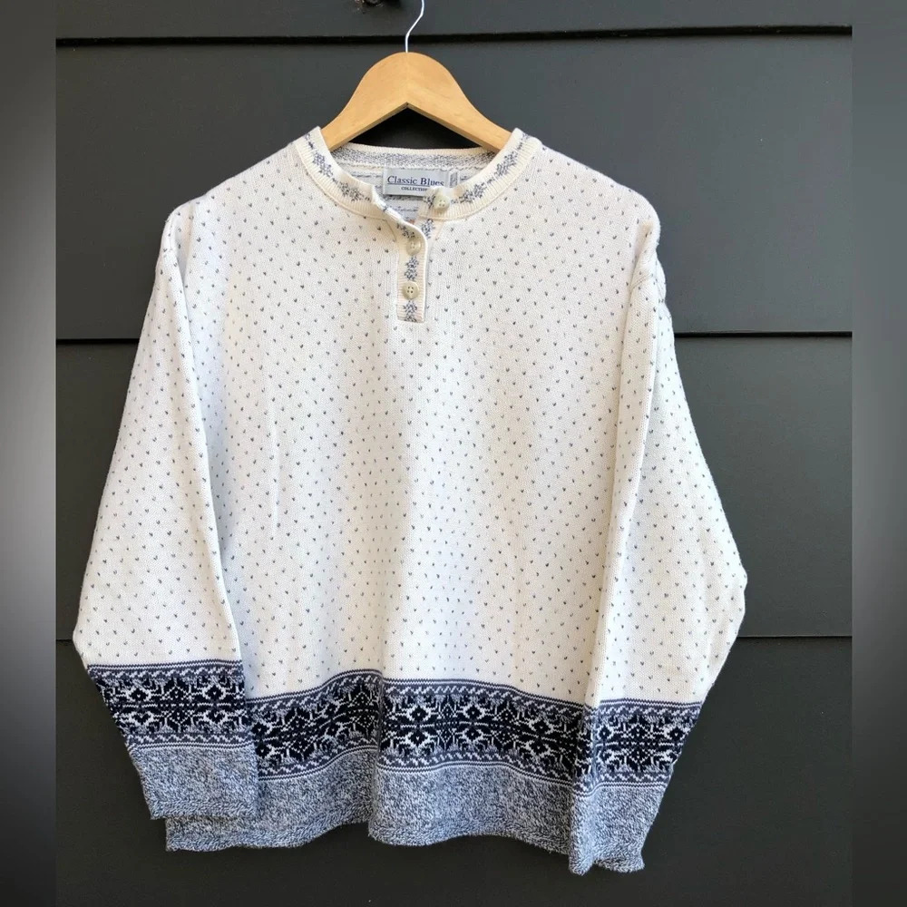 Vintage Classic Blues Sweater - 1/4 button down - made in USA - Size L